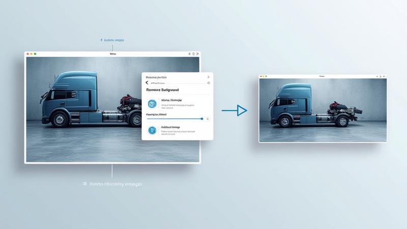 Delta Clear DAM interface showing a user selecting an image, then a dropdown menu with 'Remove Background' and 'Enhance Image' options, with the result appearing as a new version.